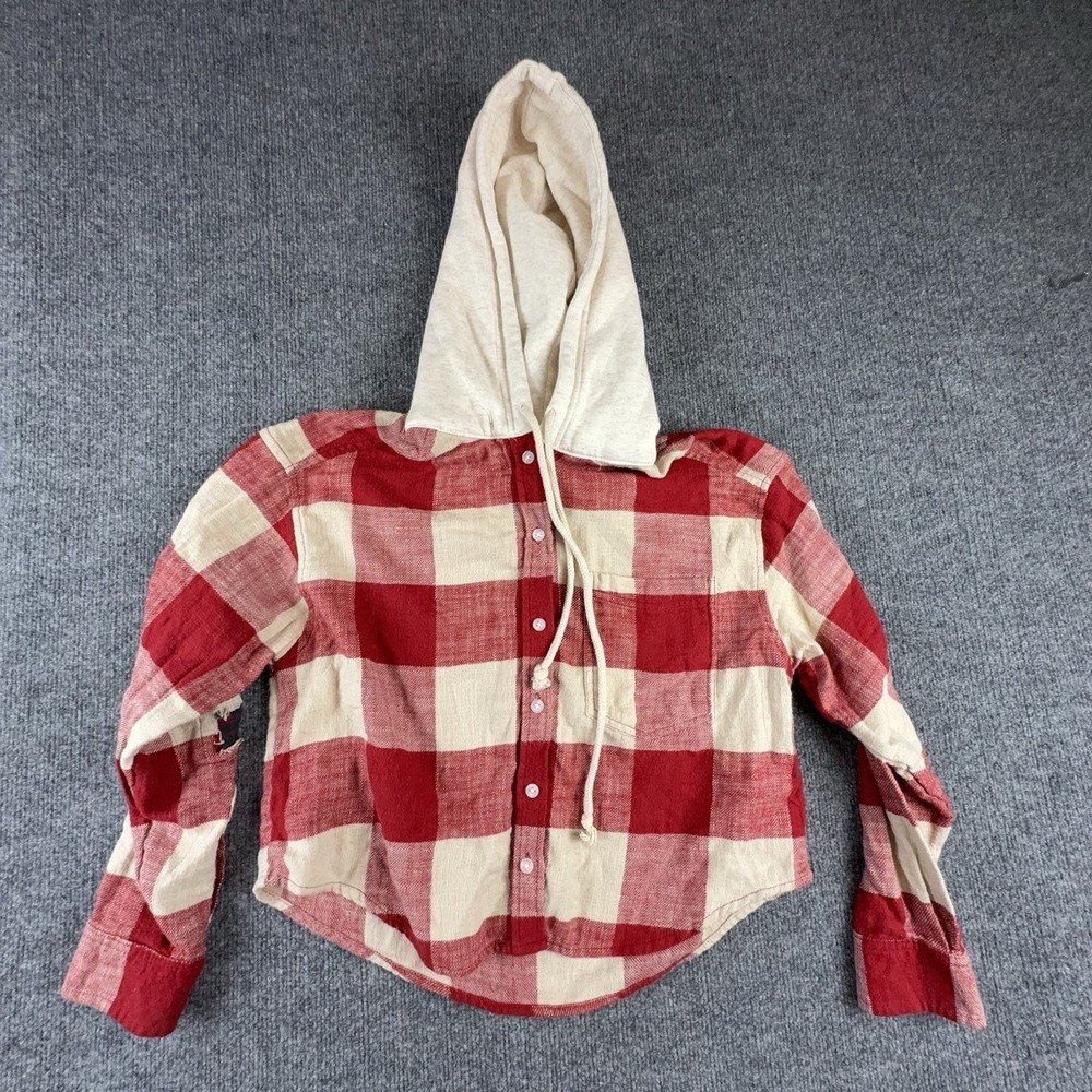 American Eagle Womens Red Plaid Hooded Flannel Button Up Shirt Small RN 54485
